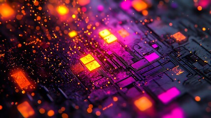 Obraz premium Abstract Circuit Board Glowing With Vibrant Orange And Pink Lights