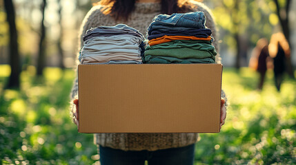 Hands holding a donation box filled with neatly folded clothes outdoors in sunlight.