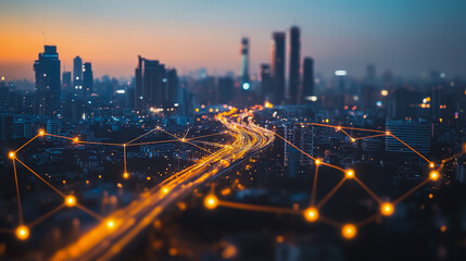 Fototapeta premium Smart digital Innovation city with connection network reciprocity over the cityscape. of future smart wireless city and social media networking systems that connects business people with in city