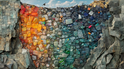 Fossil Layers of Plastic. A collage showing geological layers in a cliffside, with one layer made entirely of plastic items like bottles and bags, symbolizing humanity's contributi