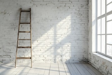 Wooden ladder on a white brick wall, vintage style