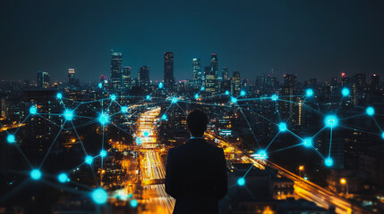 Smart digital Innovation city with connection network reciprocity over the cityscape. of future smart wireless city and social media networking systems that connects business people with in city
