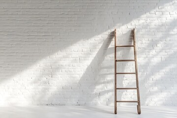 Wooden ladder on a white brick wall, vintage style