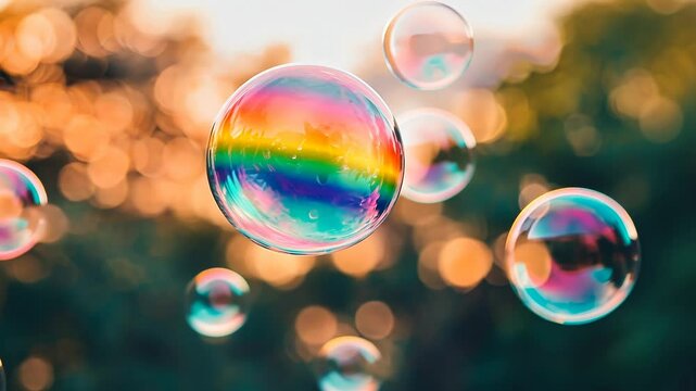 Colorful soap bubbles floating in the air against a blurred sunset background.