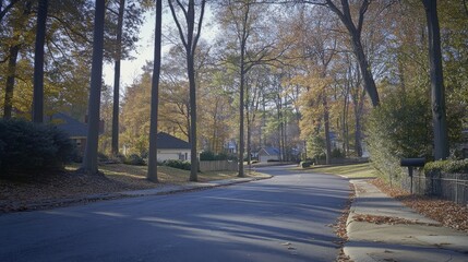 Obraz premium Serene Autumn Neighborhood Scene with Colorful Trees and Scenic Curving Road in a Peaceful Residential Area during Golden Hour Light
