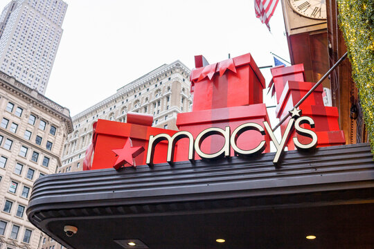 New York, New York, USA - December 19, 2024: Macy's Herald Square Christmas decoration over entrance.