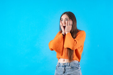 Young person expressing various emotions and body pains, pointing, using a cellphone, with colored...