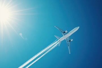 Fototapeta premium Airplane flying high in a clear blue sky, leaving a contrail. Perfect for travel, transportation, or freedom concepts.
