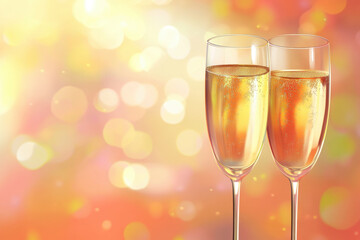 Two champagne glasses clinking together, surrounded by golden sparkles and bokeh lights, creating a festive and celebratory atmosphere