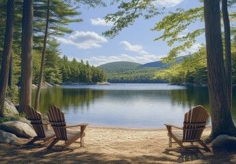 Obraz premium Serene Lake View with Adirondack Chairs Amidst Lush Greenery and Peaceful Reflections in Nature, Perfect for Relaxation, Meditation, or Outdoor Escapes