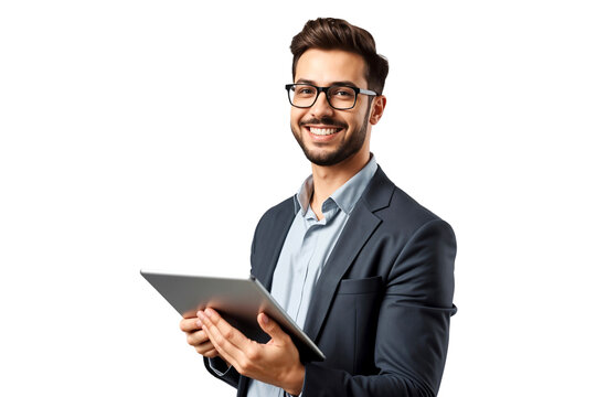 Professional businessman wearing glasses holding a tablet, smiling nicely, business concept - Powered by Adobe