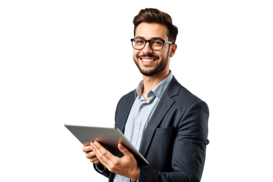Professional businessman wearing glasses holding a tablet, smiling nicely, business concept - Powered by Adobe