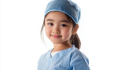Smiling Young Girl in Surgical Attire with Blue Cap and Scrubs