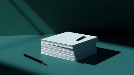 Minimalist Composition of a Stack of Blank Papers with a Black Pen, Beautiful Natural Light and Shadows Casting on a Turquoise Background