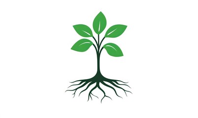 Abstract tree with green leaves and roots, representing growth, nature, and sustainability