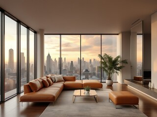 Minimalist Urban Apartment Interior with City Skyline View