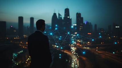 Smart digital Innovation city with connection network reciprocity over the cityscape. of future smart wireless city and social media networking systems that connects business people with in city