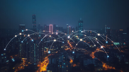 Smart digital Innovation city with connection network reciprocity over the cityscape. of future smart wireless city and social media networking systems that connects business people with in city