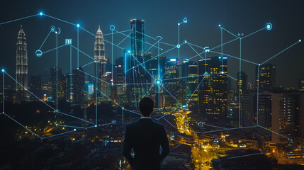 Smart digital Innovation city with connection network reciprocity over the cityscape. of future smart wireless city and social media networking systems that connects business people with in city