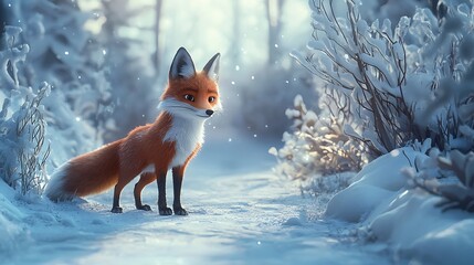 Fototapeta premium A fox is standing in the snow, looking at the camera