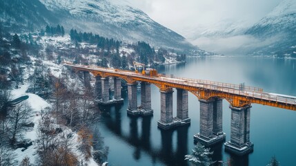 Scenic bridge over a tranquil lake in winter.