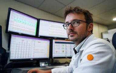 Focused Data Analyst: A serious professional examines complex data streams on multiple monitors, revealing intense concentration and dedication to his work.