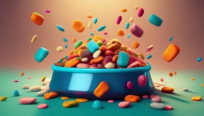 Dynamic cartoon style dog bowl with vibrant pet food pieces flying into the air. Generative AI