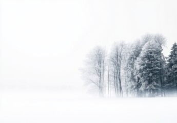 Serene Winter Landscape with Bare Trees Bathed in Soft White Snow and Fog Creating a Mysterious and Tranquil Atmosphere in the Heart of Nature
