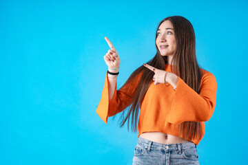Young person expressing various emotions and body pains, pointing, using a cellphone, with colored...