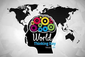 Celebrate World Thinking Day with a modern graphic design featuring a colorful brain made of gears and cogs, symbolizing creativity and innovation against a world map backdrop.