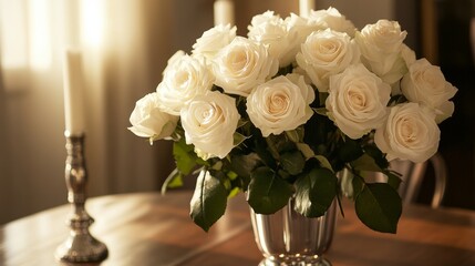 A bouquet of white roses in a silver vase on an elegant dining table, top-down shot, Formal elegance style