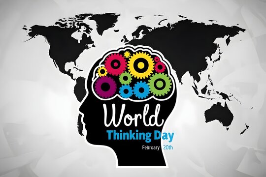 Celebrate World Thinking Day with a modern graphic design featuring a colorful brain made of gears and cogs, symbolizing creativity and innovation against a world map backdrop.