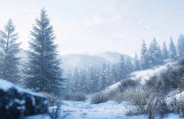 Fototapeta premium Serene Winter Landscape with Snow Falling on Evergreen Trees and Frosty Ground, Capturing the Tranquility of a Snowy Day in a Mountainous Setting