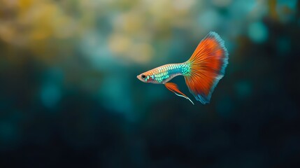 Fototapeta premium A Vibrant Orange And Turquoise Guppy Fish Swims