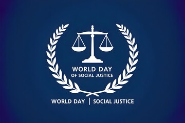 Celebrate World Day of Social Justice with a minimalist design featuring a white balance scale surrounded by a laurel wreath on a solid blue background.