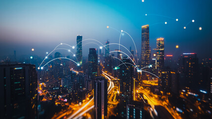 Fototapeta premium Smart digital Innovation city with connection network reciprocity over the cityscape. of future smart wireless city and social media networking systems that connects business people with in city