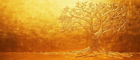Generational wealth Concept. A serene golden landscape featuring a stylized tree, symbolizing growth and tranquility.
