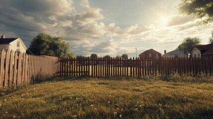 Serene View of a Rural Landscape with Wooden Fence and Sunlight Illuminating a Calm Field Surrounded by Houses and Trees Under a Dramatic Sky