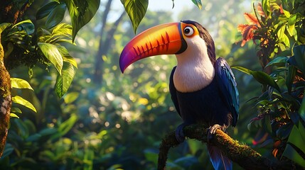 A colorful bird with a long beak is perched on a tree branch in a lush green for