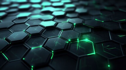 Dark hexagonal technology vector abstract background. Green bright energy flashes under hexagon in modern technology futuristic background vector illustration. Dark and turquoise 3d honeycomb texture.