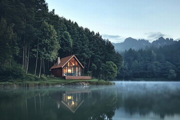 Fototapeta premium Serene Lakeside Cabin in the Wilderness by Generative Ai