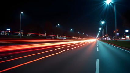 Blurred speed light trails on road at night