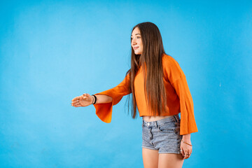 Young person expressing various emotions and body pains, pointing, using a cellphone, with colored...