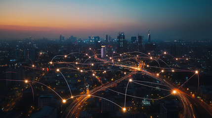 Smart digital Innovation city with connection network reciprocity over the cityscape. of future smart wireless city and social media networking systems that connects business people with in city