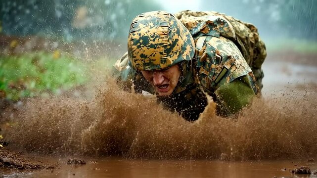 A military male person wearing a camouflage uniform is shown running on a rainy and muddy battlefield ground