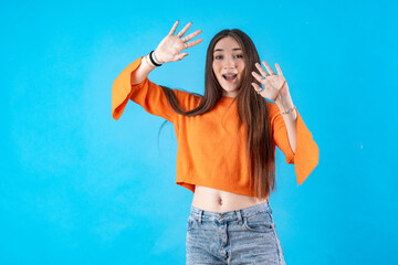 Young person expressing various emotions and body pains, pointing, using a cellphone, with colored...