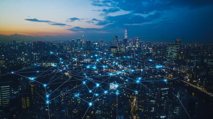 Obraz premium Smart digital Innovation city with connection network reciprocity over the cityscape. of future smart wireless city and social media networking systems that connects business people with in city