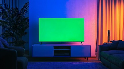 Dim lit living room with green screen display TV