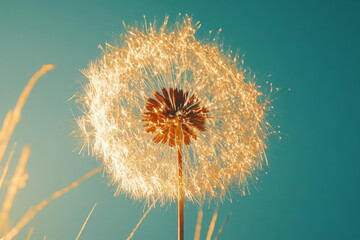 close up of dandelion puff illuminated by sunlight against blue sky
