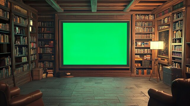 Basement library with large green screen frame for chroma key editing